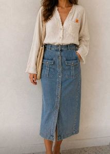 Denim Midi Skirt & Cotton linen shirt