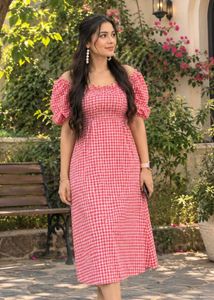 Chic Pink Gingham Off-Shoulder Dress