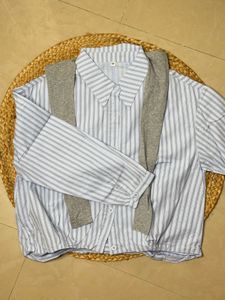 Blue Striped Shirt with Attached Knit Sleeves