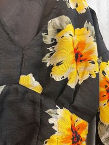 Chic Black Floral Print Blouse (Size : M)
