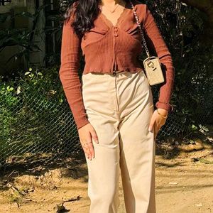 Brown Ribbed Knit Top