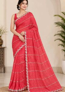 Stunning Coral Saree with Silver Embellishments