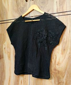Chic Black Eyelet Pocket Top Size-36