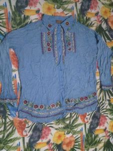 Embroidered Blue Crinkle Blouse