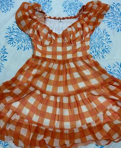 Orange Gingham Puff Sleeve Mini Dress