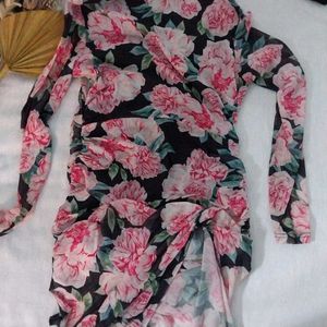 Floral Print Ruched Mesh Maxi Dress