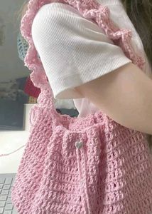 Pink Crochet Shoulder Bag with Heart Detail