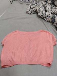 Pink Cropped Cardigan with Lace Collar