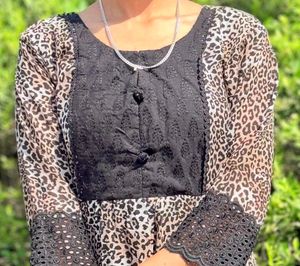 Leopard Print Kurta with Black Lace