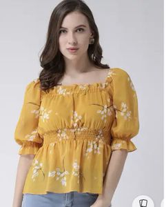 Yellow Floral Print Puff Sleeve Top