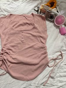 Pink Ruched Drawstring Ribbed Top