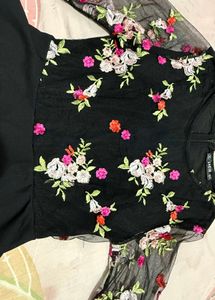 Black Embroidered Mesh Sleeve Top