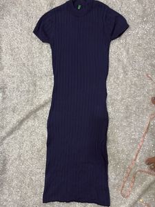Navy Ribbed Knit Midi Dress