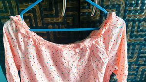 Peach Polka Dot Off-Shoulder Top with Puff Sleeves