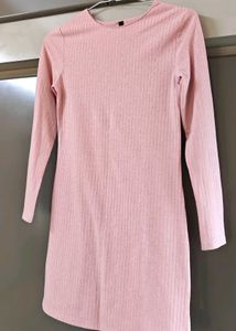 Pink Ribbed Long Sleeve Mini Dress