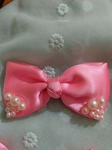 Set of 6 Pink Satin Handmade Bows with Pearls