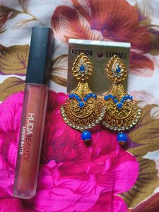 Golden Earrings With Free  Lipstick