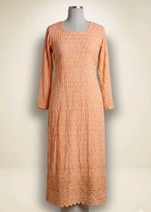 Peach Embellished Kurta Chikankari