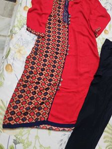Vibrant Red Kurta Set with Navy Pants