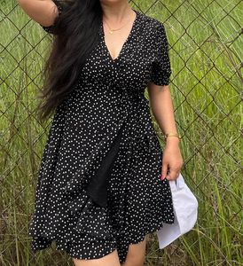 Black retro Polka Dot Wrap Dress