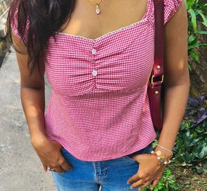 Littlebox Red Gingham Sweetheart Neck Top