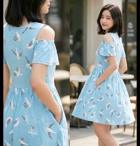 Cute Bird Print Cold Shoulder Dress