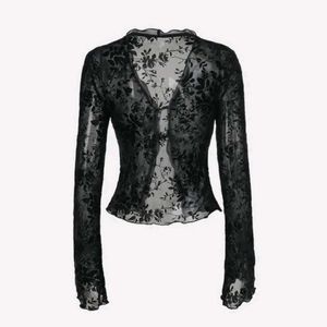 Sheer Black Floral Mesh Long Sleeve Top