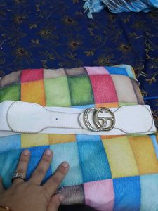 Stylish White Elastic Waist Belt with GG Buckle
