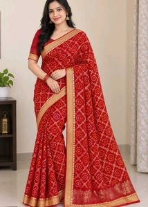 Vibrant Red Bandhani Saree with Gold Border