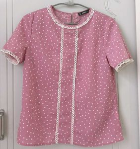 Pink Polka Dot Top with Lace Trim