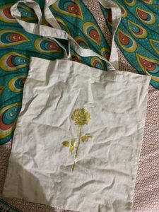 Cream Tote Bag with Gold Rose