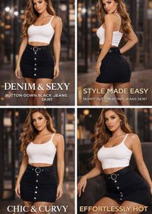Button-Down Black Denim Mini Skirt