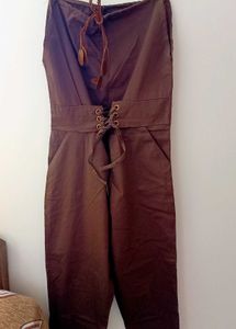 Brown Lace-Up Cotton Jumpsuit with Pockets