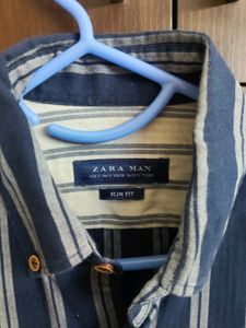 Zara Man Blue Striped Button-Down Shirt