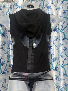 Edgy Black Ribbed Crop Top with Buckle Detail