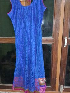 Blue anarkali Kurta with Red Velvet Yoke.