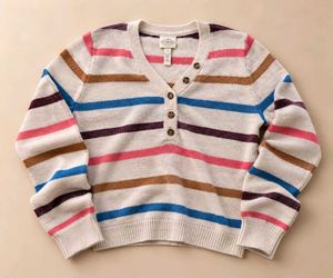 MULTI-STRIPE BUTTON-FRONT V-NECK KNIT SWEATER