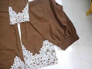 Elegant Brown Kurta Set with White Lace