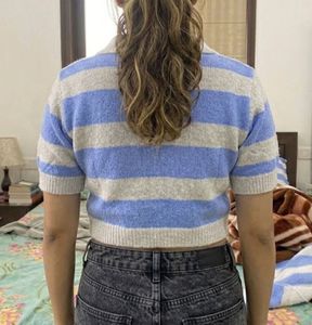 Blue &amp; Grey Striped Cropped Polo Shirt