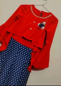 Red &amp; Blue Dotted Print Dress For Girl 12- 14 Year