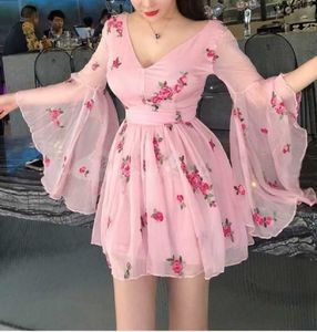 Pink Floral Bell Sleeve Dress