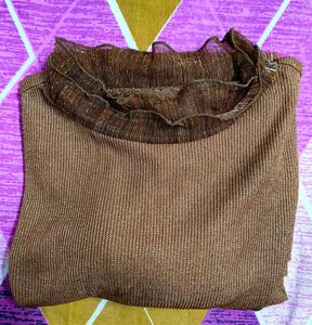 Shimmer Brown Top with Ruffle highneck