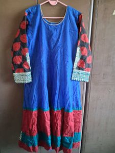Elegant Blue &amp; Red Anarkali Suit