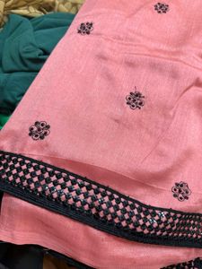 Elegant Pink Saree with Black Paisley Embroidery