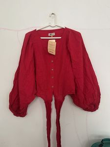 Vibrant Red Linen Blend Blouse