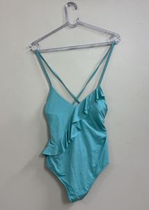 Y2K Turquoise open back bodysuit with Ruffles