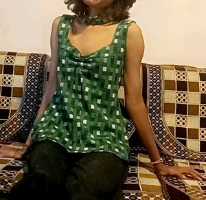 Chic Green Plaid Peplum Top with Choker Neck