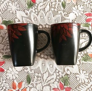 Set of 2 Black Mugs with Red Leaf Design