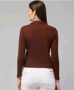 Brown Collared V-Neck Long Sleeve Top