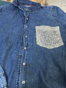 Blue Denim Shirt with Sparkly Pocket